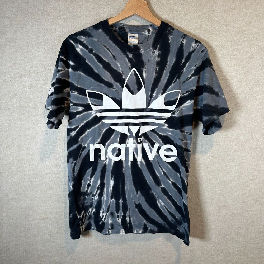 Native Graphic Tie Dye T Shirt Small Black Gray Spiral Port & Company Tee
